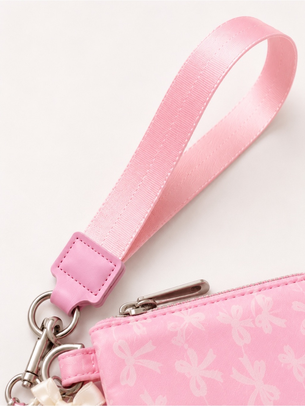 Pink Dual Wristlet Keychain Coin Pouch Card Holder Pearl Bow Charm NWT - Picture 5 of 8